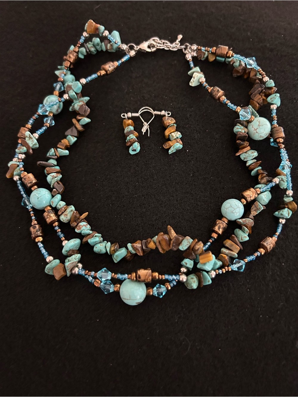 Turquoise and Brown Triple-Strand Beaded Necklace with Earrings